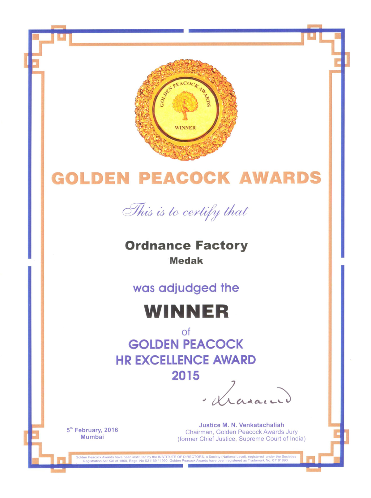 Golden Peacock HR Excellence Certificate